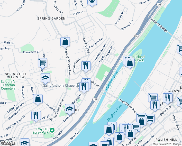 map of restaurants, bars, coffee shops, grocery stores, and more near 1921 Tours Street in Pittsburgh