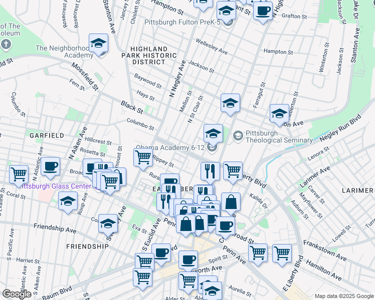 map of restaurants, bars, coffee shops, grocery stores, and more near 5719 East Liberty Boulevard in Pittsburgh