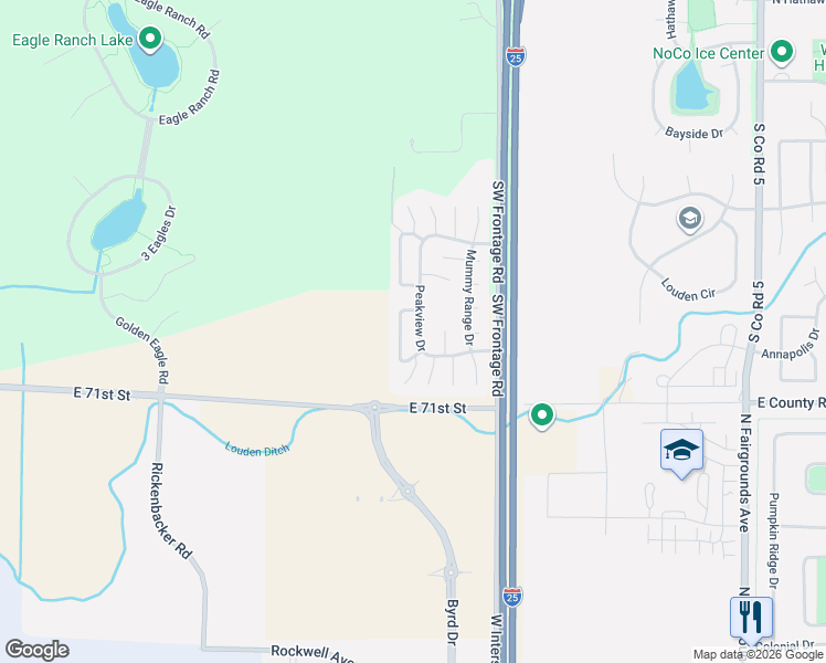 map of restaurants, bars, coffee shops, grocery stores, and more near 8411 Peakview Drive in Fort Collins