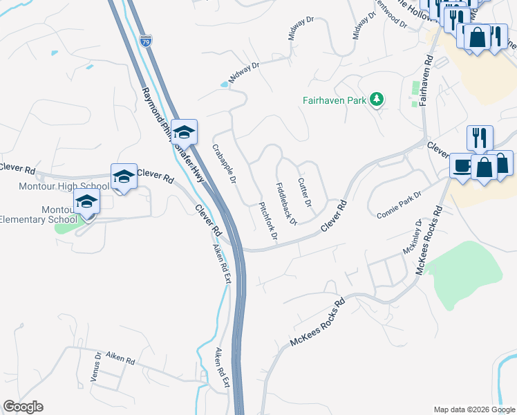 map of restaurants, bars, coffee shops, grocery stores, and more near 3019 Pitchfork Drive in McKees Rocks