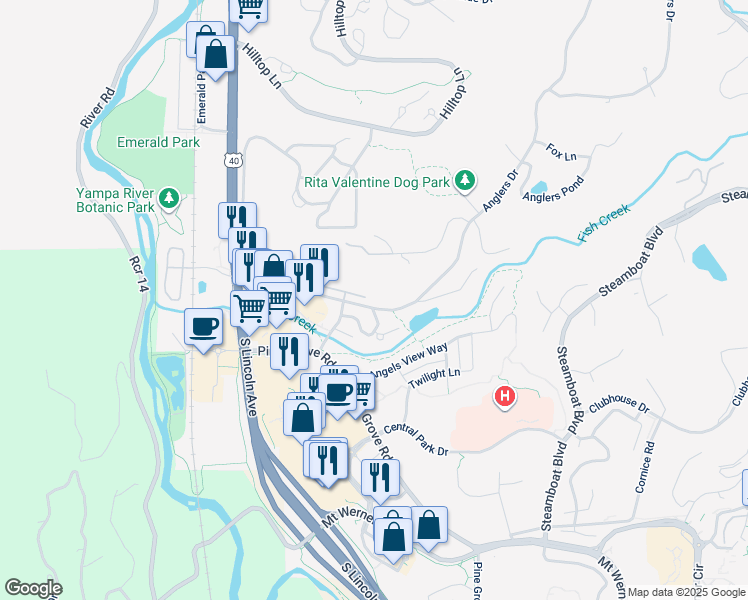 map of restaurants, bars, coffee shops, grocery stores, and more near 1187 Anglers Drive in Steamboat Springs
