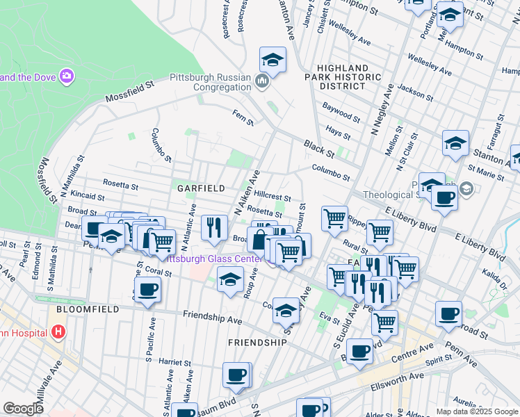 map of restaurants, bars, coffee shops, grocery stores, and more near 308 North Graham Street in Pittsburgh