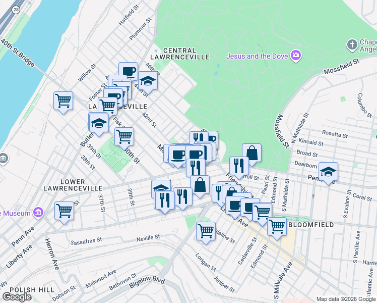 map of restaurants, bars, coffee shops, grocery stores, and more near 4227 Keller Street in Pittsburgh