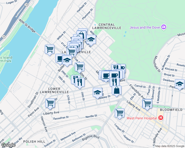 map of restaurants, bars, coffee shops, grocery stores, and more near 323 Main Street in Pittsburgh