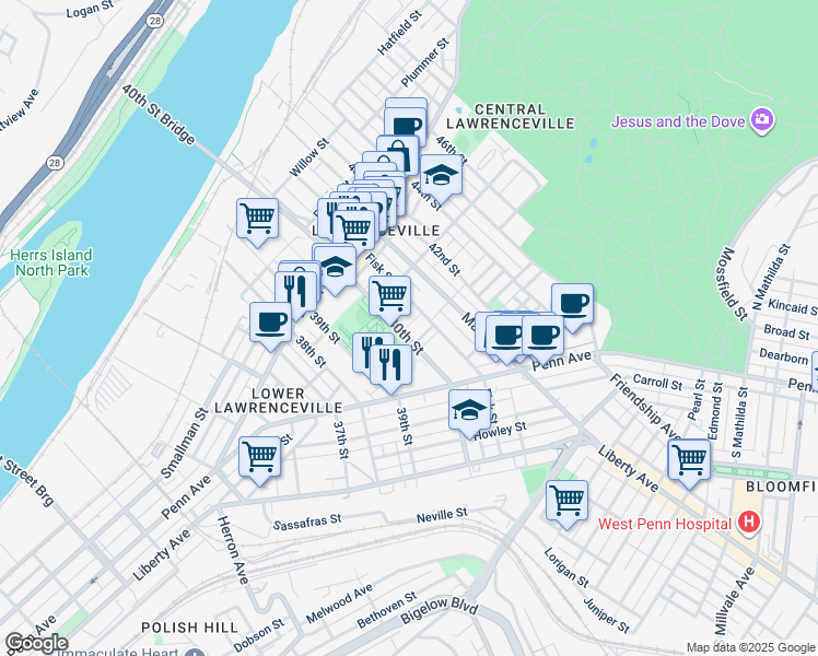 map of restaurants, bars, coffee shops, grocery stores, and more near 292 Fisk Street in Pittsburgh