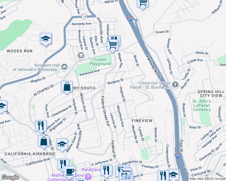 map of restaurants, bars, coffee shops, grocery stores, and more near 2325 Maple Avenue in Pittsburgh