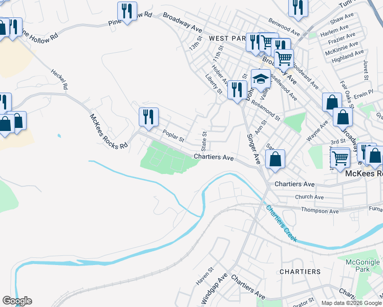 map of restaurants, bars, coffee shops, grocery stores, and more near 1512 Chartiers Avenue in McKees Rocks