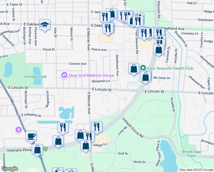 map of restaurants, bars, coffee shops, grocery stores, and more near 2012 East Lincoln Street in Bloomington