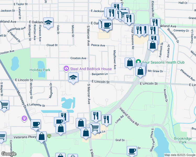 map of restaurants, bars, coffee shops, grocery stores, and more near 2012 East Lincoln Street in Bloomington
