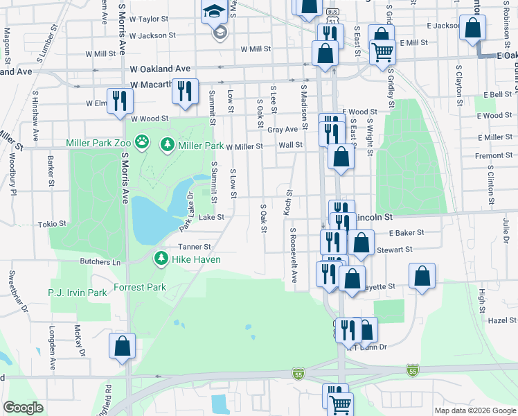 map of restaurants, bars, coffee shops, grocery stores, and more near 1305 South Oak Street in Bloomington