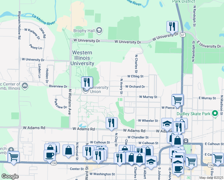 map of restaurants, bars, coffee shops, grocery stores, and more near 633 West Orchard Street in Macomb