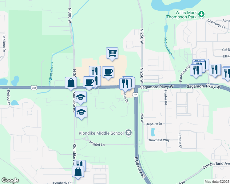 map of restaurants, bars, coffee shops, grocery stores, and more near 3464 Bethel Drive in West Lafayette