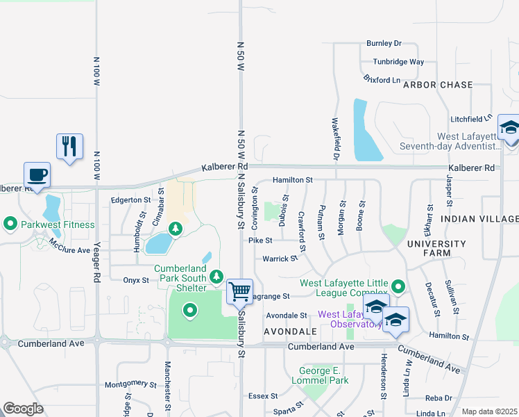 map of restaurants, bars, coffee shops, grocery stores, and more near 3400 Covington Street in West Lafayette