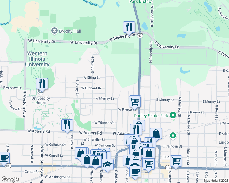 map of restaurants, bars, coffee shops, grocery stores, and more near 129 Chandler Boulevard in Macomb