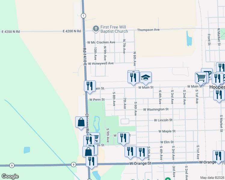 map of restaurants, bars, coffee shops, grocery stores, and more near 901 West Main Street in Hoopeston