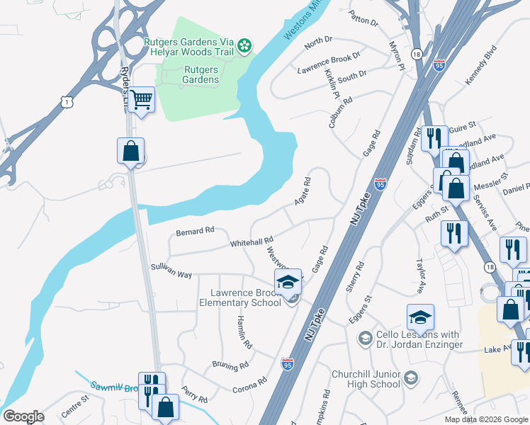 map of restaurants, bars, coffee shops, grocery stores, and more near 9 Agate Road in East Brunswick