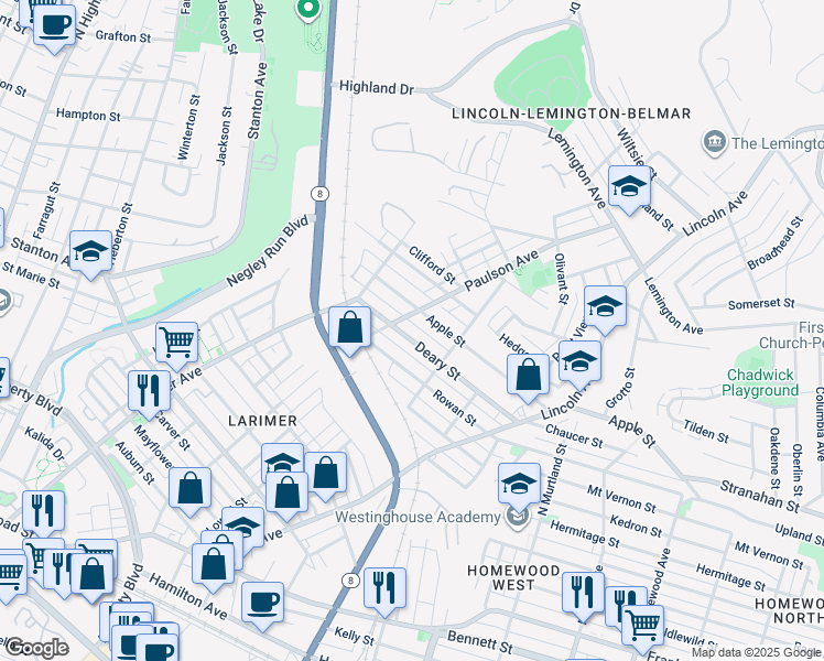 map of restaurants, bars, coffee shops, grocery stores, and more near 6517 Deary Street in Pittsburgh