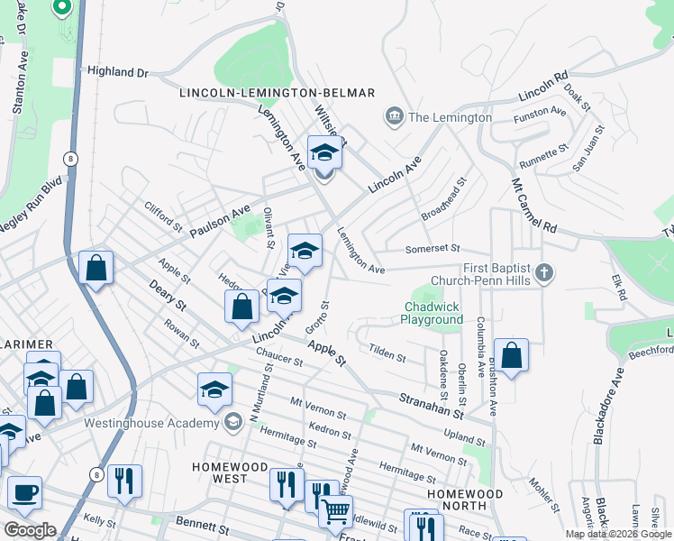 map of restaurants, bars, coffee shops, grocery stores, and more near 1326 Grotto Street in Pittsburgh