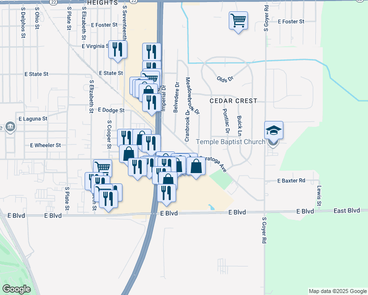 map of restaurants, bars, coffee shops, grocery stores, and more near 2021 Saratoga Avenue in Kokomo