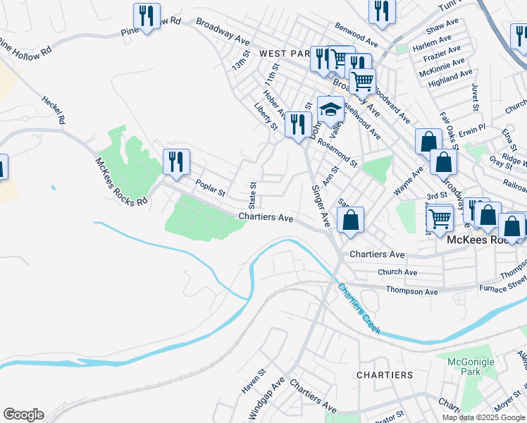 map of restaurants, bars, coffee shops, grocery stores, and more near 1442 Chartiers Ave in McKees Rocks