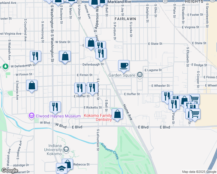 map of restaurants, bars, coffee shops, grocery stores, and more near 503 East Wheeler Street in Kokomo