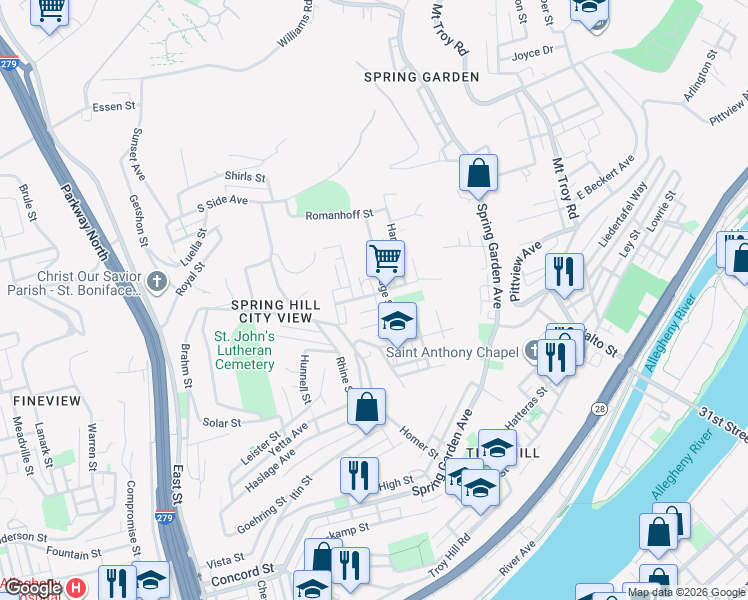 map of restaurants, bars, coffee shops, grocery stores, and more near 1342 Rescue Street in Pittsburgh