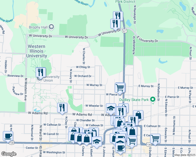 map of restaurants, bars, coffee shops, grocery stores, and more near 126 Chandler Boulevard in Macomb