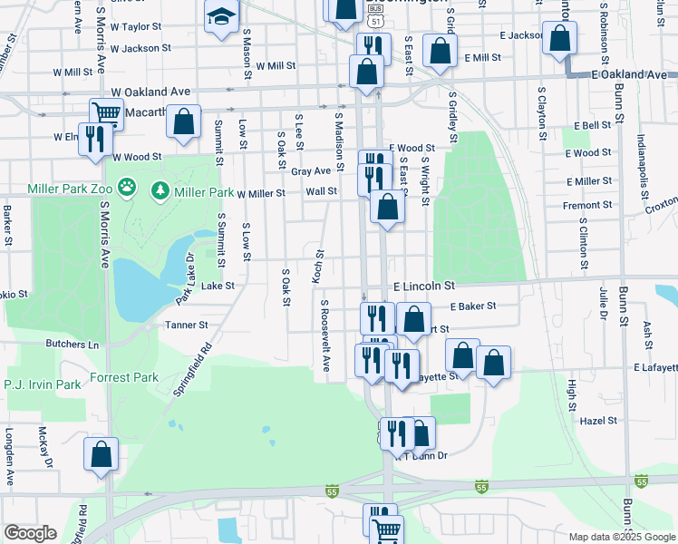 map of restaurants, bars, coffee shops, grocery stores, and more near 1307 South Madison Street in Bloomington