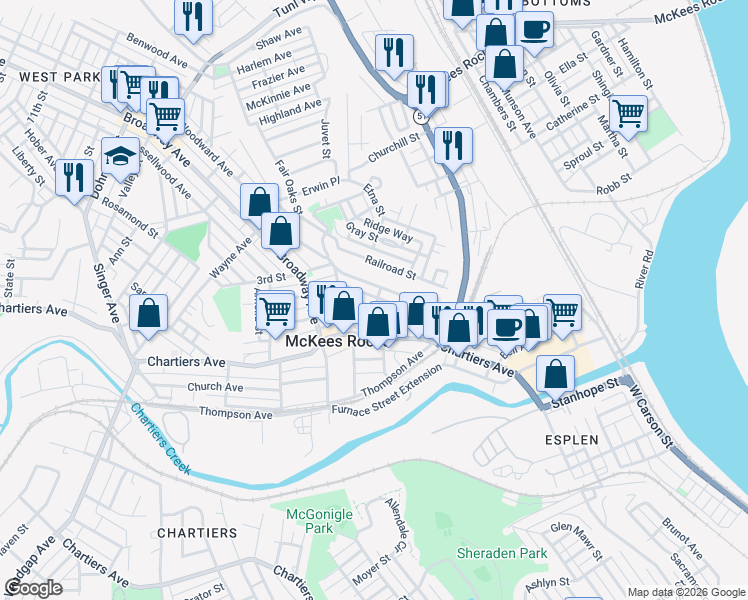 map of restaurants, bars, coffee shops, grocery stores, and more near 801 Frank Street in McKees Rocks