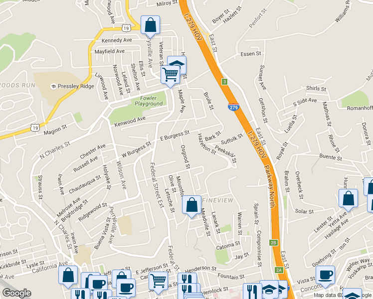 map of restaurants, bars, coffee shops, grocery stores, and more near 2314 Osgood Street in Pittsburgh