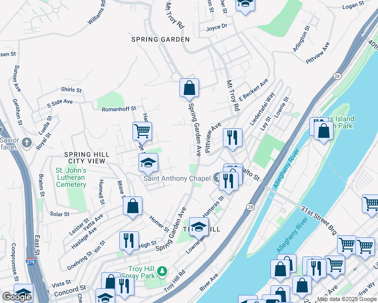 map of restaurants, bars, coffee shops, grocery stores, and more near 1700 High Street in Pittsburgh