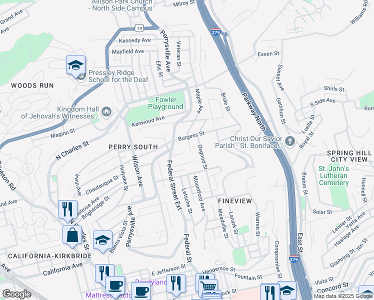 map of restaurants, bars, coffee shops, grocery stores, and more near 2325 Maple Ave in Pittsburgh