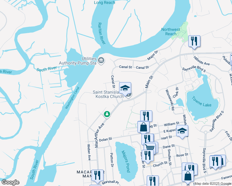 map of restaurants, bars, coffee shops, grocery stores, and more near 16 Canal Street in Sayreville