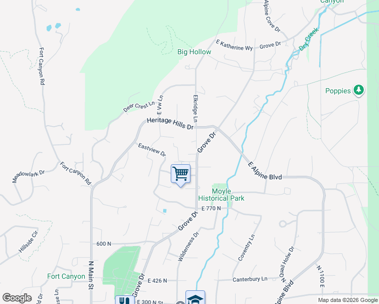 map of restaurants, bars, coffee shops, grocery stores, and more near 1035 Grove Drive in Alpine