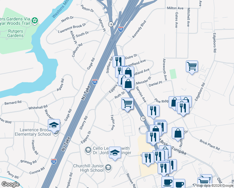 map of restaurants, bars, coffee shops, grocery stores, and more near 10 Ruth Street in East Brunswick