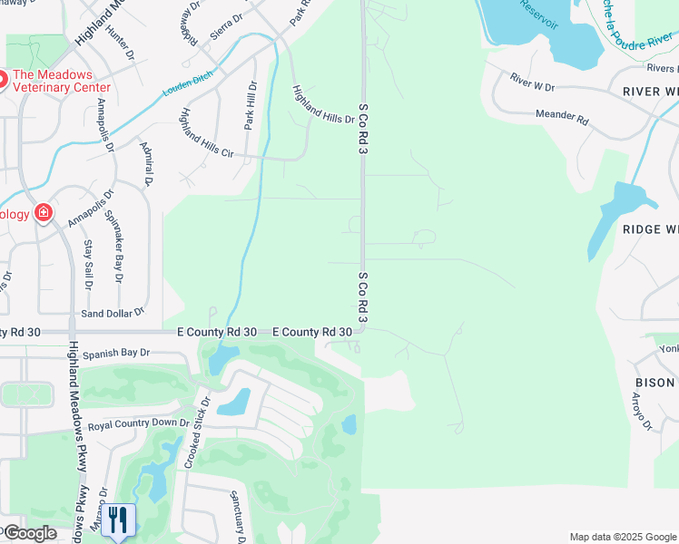 map of restaurants, bars, coffee shops, grocery stores, and more near 8409 South Co Road 3 in Fort Collins