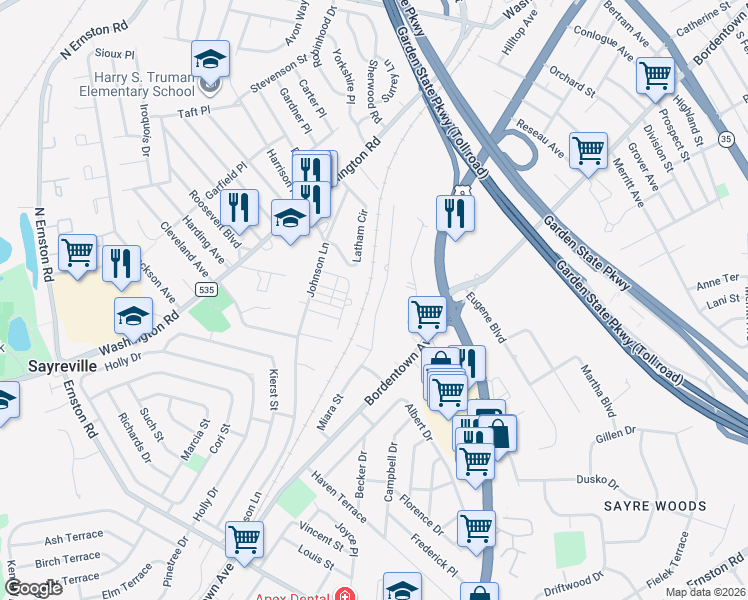 map of restaurants, bars, coffee shops, grocery stores, and more near 35 Miara Street in Sayreville