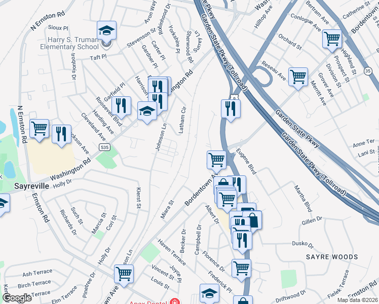map of restaurants, bars, coffee shops, grocery stores, and more near 35 Miara Street in Sayreville