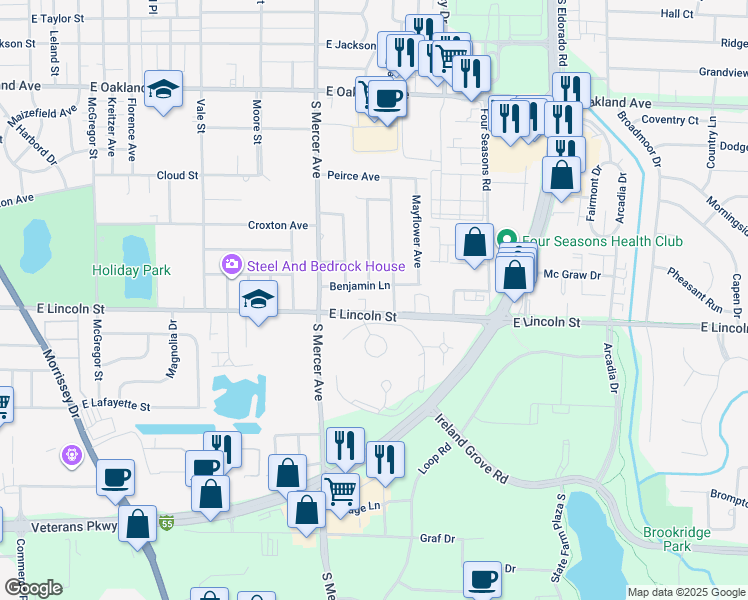 map of restaurants, bars, coffee shops, grocery stores, and more near 2012 East Lincoln Street in Bloomington