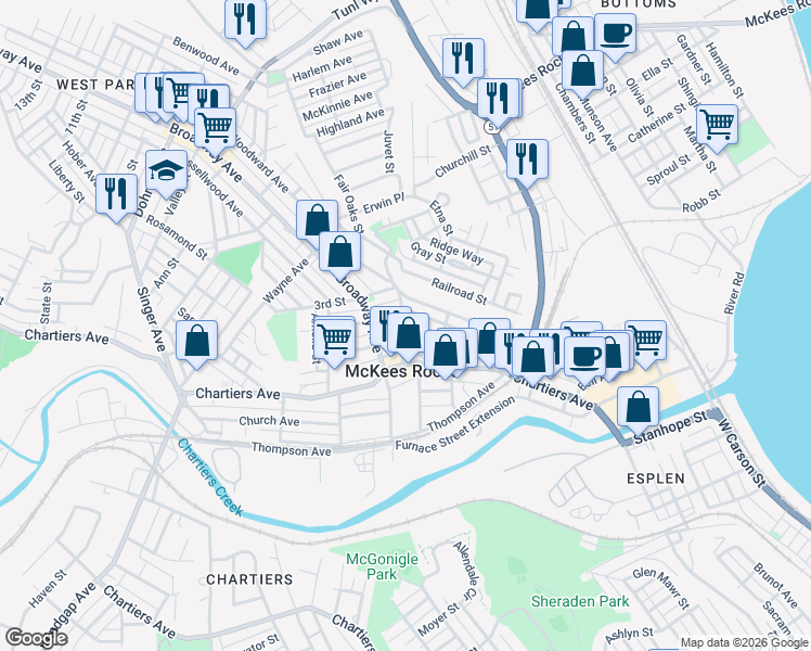 map of restaurants, bars, coffee shops, grocery stores, and more near 212 Bruce Street in McKees Rocks