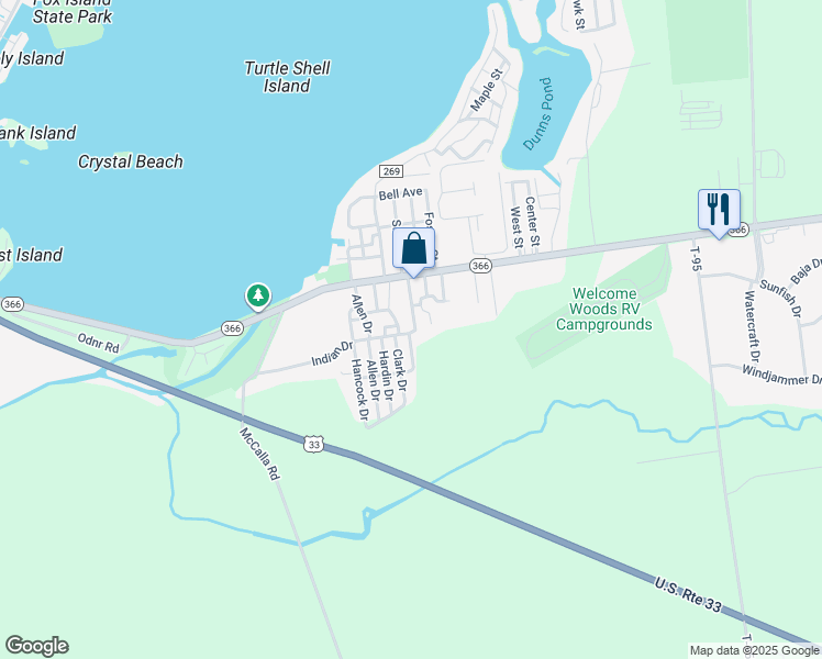map of restaurants, bars, coffee shops, grocery stores, and more near 8110 Indian Drive in Russells Point