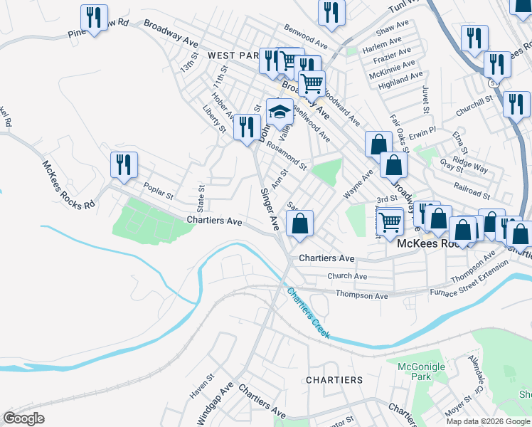 map of restaurants, bars, coffee shops, grocery stores, and more near 205 Singer Ave in McKees Rocks