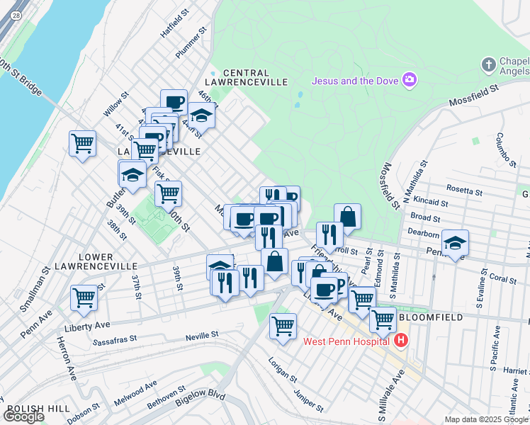 map of restaurants, bars, coffee shops, grocery stores, and more near 4227 Keller Street in Pittsburgh