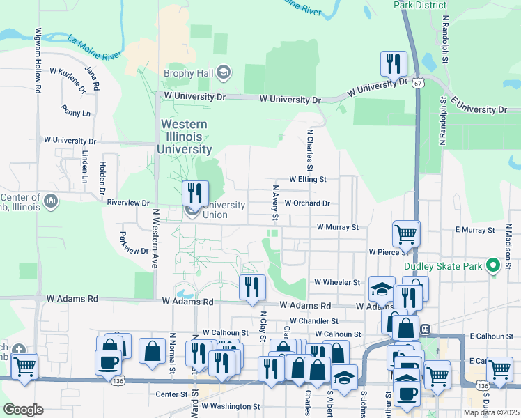 map of restaurants, bars, coffee shops, grocery stores, and more near 633 West Orchard Street in Macomb