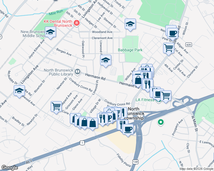 map of restaurants, bars, coffee shops, grocery stores, and more near 740 Hermann Road in North Brunswick Township