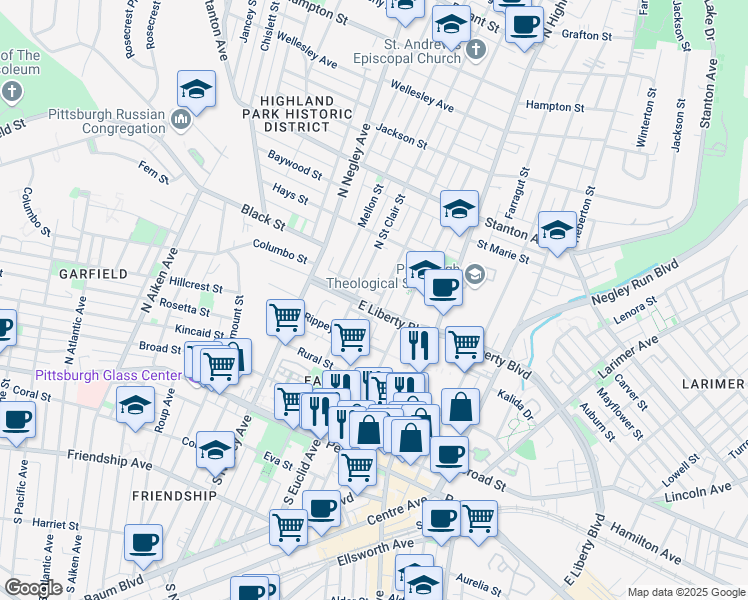 map of restaurants, bars, coffee shops, grocery stores, and more near 5707 East Liberty Boulevard in Pittsburgh