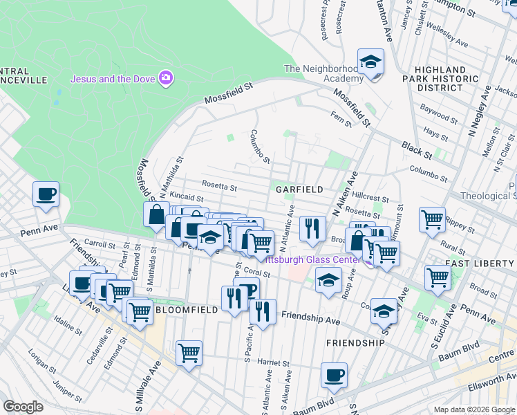 map of restaurants, bars, coffee shops, grocery stores, and more near 5181 Kincaid Street in Pittsburgh