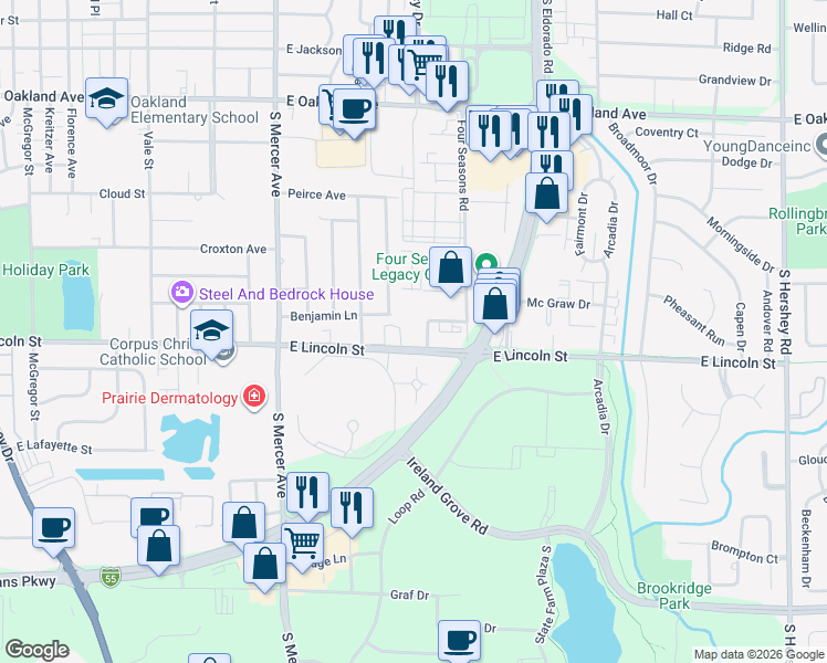 map of restaurants, bars, coffee shops, grocery stores, and more near 2218 E Lincoln St in Bloomington