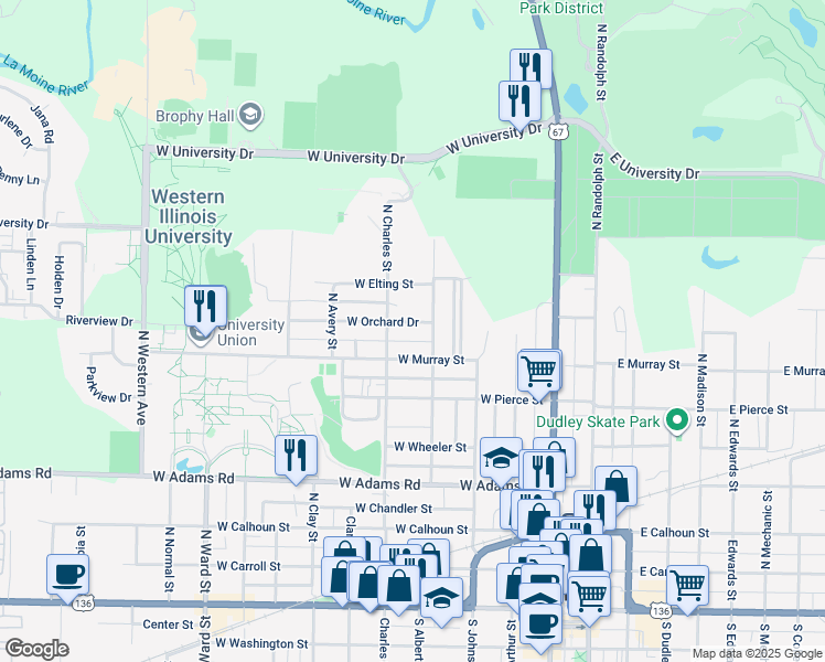 map of restaurants, bars, coffee shops, grocery stores, and more near 415 West Orchard Drive in Macomb