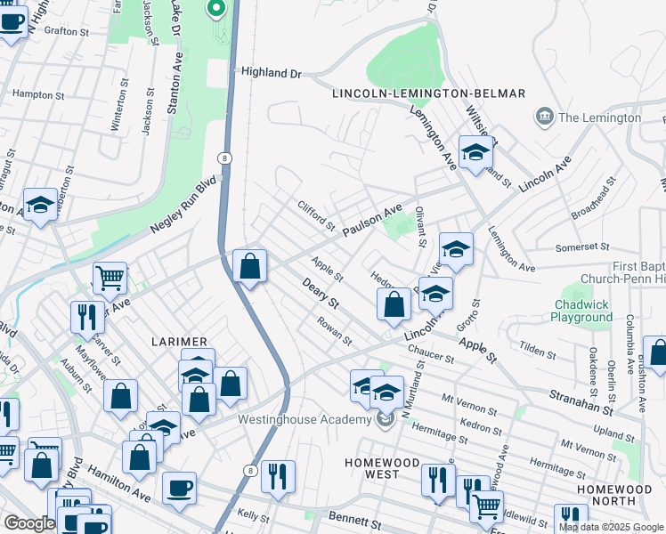 map of restaurants, bars, coffee shops, grocery stores, and more near 6535 Apple Street in Pittsburgh
